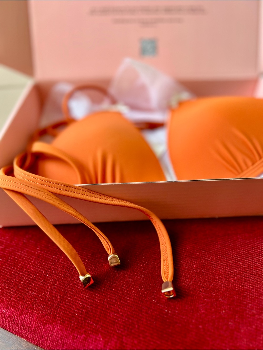 Lou Swim Orange Triangle Bikini Top with White Trim and Bow Accents - Picture 6 of 7